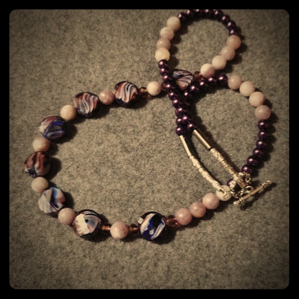 Purple & White Blown Glass Bead necklace set